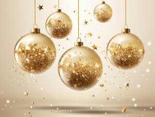 Four golden christmas balls hanging on a beige background.