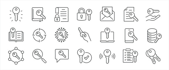 Key minimal thin line icons. Related protection, access, security, privacy. Editable stroke. Vector illustration.
