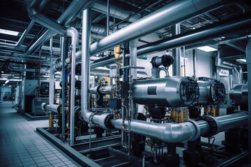 A detailed view of a large industrial filter system, surrounded by a maze of pipes and machinery in a bustling factory environment