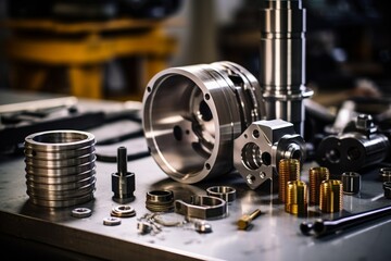 Close-up of a polished metal cylinder piston in an industrial setting with various mechanical components and tools in the background - obrazy, fototapety, plakaty