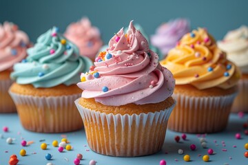 Delicious cupcakes with different colors of buttercream frosting and sprinkles on a blue background. 