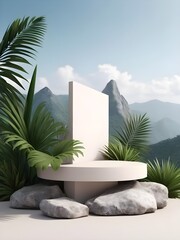
3d Render Modern Minimal Mockup Podium On Rock Mountain With Tropic Plant Background