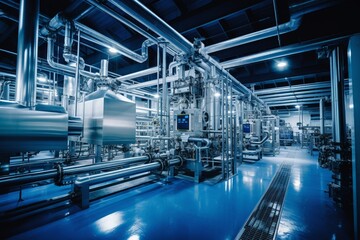 A Large Industrial Pickling Tank in a Factory Setting, Surrounded by Various Machinery and Equipment, Illuminated Under the Harsh Fluorescent Lights