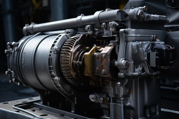 Close-up view of an Auxiliary Power Unit (APU) in an industrial setting, showcasing intricate mechanical details against a backdrop of steel and concrete
