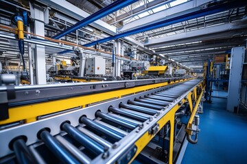 A Detailed View of an Intricate Conveyor System in a Large Industrial Factory with a Background of Metallic Structures and Piping
