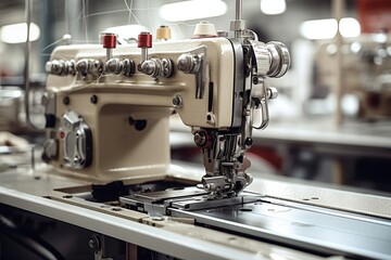 A Close-Up Shot of an Industrial Upholstery Stitching Machine, Highlighting its Intricate Mechanics Against a Background of a Busy Textile Factory