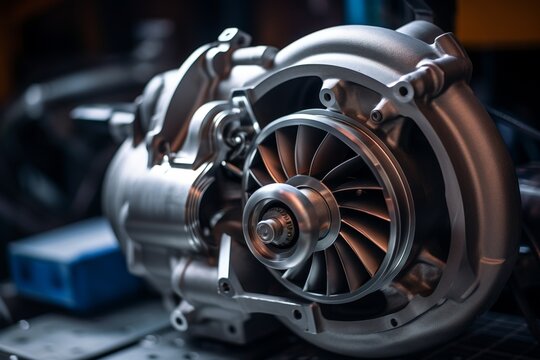 A close-up view of a turbocharger in an industrial setting, showcasing its intricate design and the complexity of its mechanical components