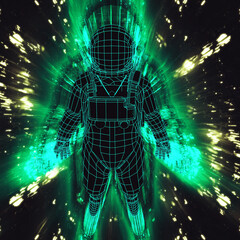Glowing astronaut in space suit - glowing green traveling in light speed
