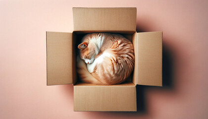 段ボール箱の中で丸まって寝る可愛い猫 - obrazy, fototapety, plakaty