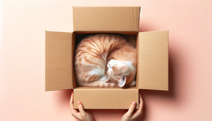 段ボール箱の中で丸まって寝る可愛い猫 - obrazy, fototapety, plakaty