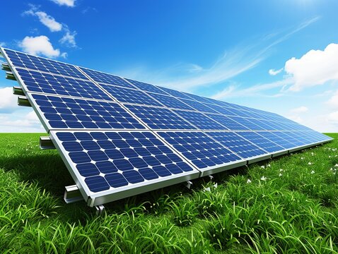 solar panels on the grass, blue sky