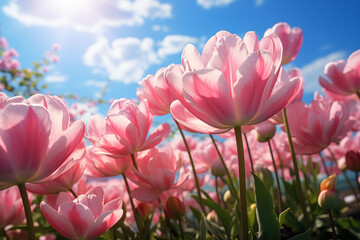 Blooming pink tulips in a field with bright blue sky on the background