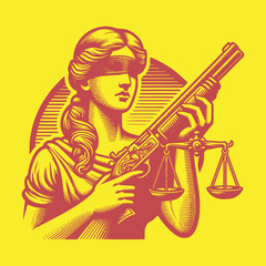 retro art style lady justice hold shotgun vector illustration