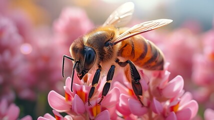 Bee on a Pink and Yellow Flower Close Up