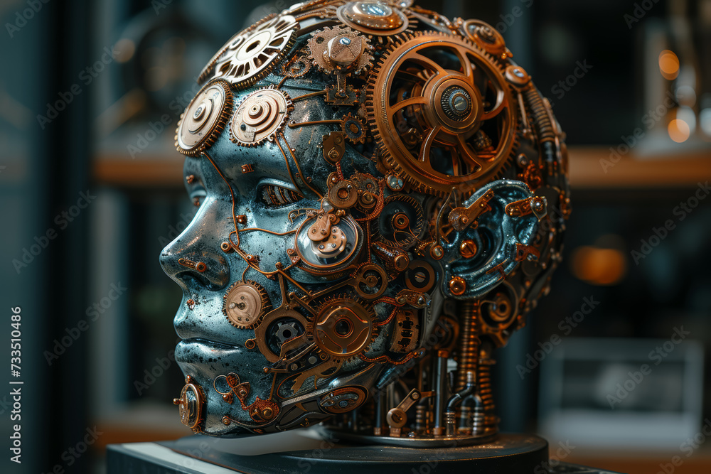 Poster a figure with clockwork mechanisms replacing body parts, visualizing the mechanistic aspects of cogn