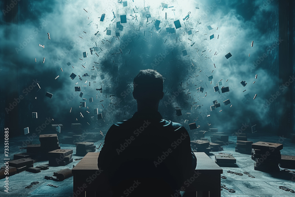 Poster a figure surrounded by floating keys and locks, illustrating the complexity of unlocking hidden thou