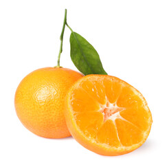 Fresh ripe juicy tangerines with green leaf isolated on white
