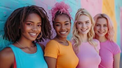Body-positive girls of different races pose for a feminist campaign photo session, advocating diversity and empowerment.