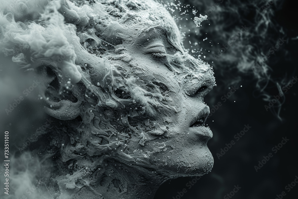 Poster a figure with melting words escaping from their mouth, visualizing the fluidity and abstraction of s