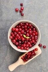 Fresh ripe cranberries in bowl and scoop on grey table, flat lay