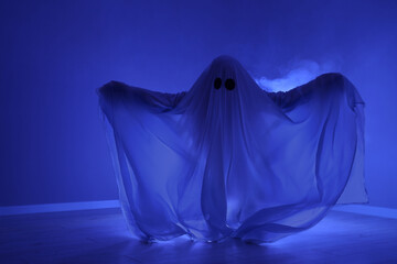 Creepy ghost. Woman covered with sheet in blue light