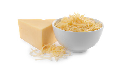 Grated and whole piece of cheese isolated on white