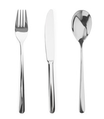 Silver fork, knife and spoon isolated on white, top view