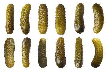 Tasty pickled cucumbers isolated on white, set