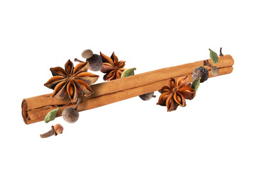 Different aromatic spices falling on white background