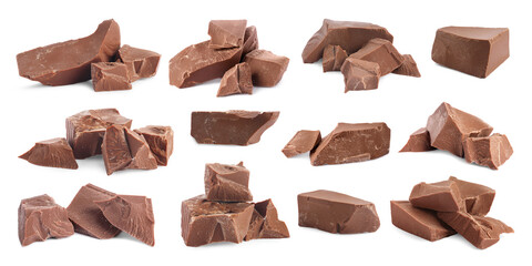 Pieces of tasty chocolate isolated on white, set