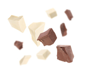 White and milk chocolate chunks on white background