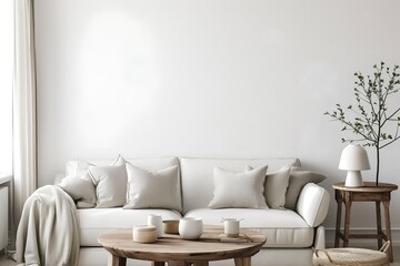 Interior Living Room, Empty Wall Mockup In White Room With Beige Sofa And Green Plants, 3d Render Real Room Template
