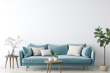 Interior Living Room, Empty Wall Mockup In White Room With Blue Sofa And Green Plants, 3d Render Real Room Template