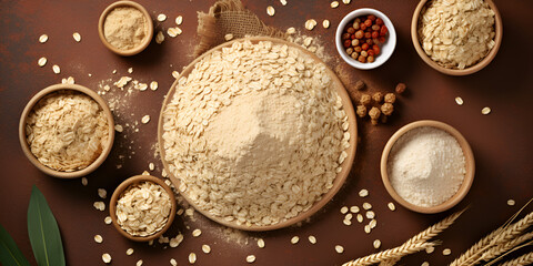 Obraz na płótnie Canvas Raw dry white quinoa flour seeds on a grey table close up Flour in Wooden Bowl with Wheat on Cloth A Cozy and Comfortable Background for Cooking Plant.