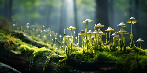 Mushrooms growing in the forest, close-up with bokeh Mosses Lichens Flowers Nano World Detail Selective Focus. - obrazy, fototapety, plakaty