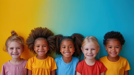 Positive kids of different races pose for a photo session, promoting diversity and unity in a colorful campaign.
