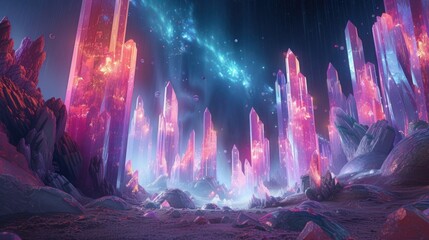 A 3D fantasy landscape with colossal crystal formations surrounded by colorful ethereal mists and luminous creatures