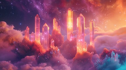 A 3D fantasy landscape with colossal crystal formations surrounded by colorful ethereal mists and luminous creatures - obrazy, fototapety, plakaty