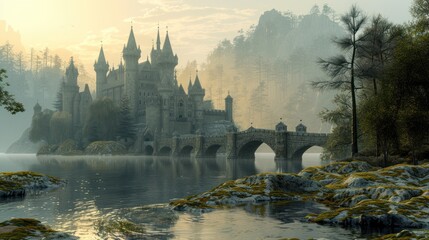 A 3D visual rendering of a medieval castle situated at the edge of a mist-laden enchanted forest