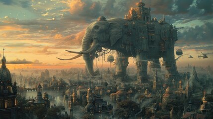 A bustling metropolis populated by fantastical creatures at dawn - obrazy, fototapety, plakaty