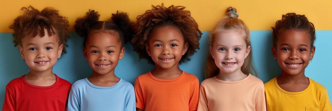 Positive kids of different races pose for a photo session, promoting diversity and unity in a colorful campaign.