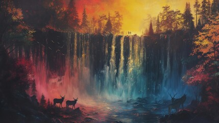 An enchanted forest full of silhouette animals under a multi-coloured waterfall in twilight