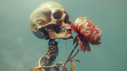 blooming flowerwithering skeleton growing from the same stem surrealist art 3D animation Unique - obrazy, fototapety, plakaty