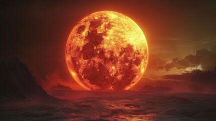 Fototapeta na wymiar glowing full moondark solar eclipse merging in a twilight sky surrealist art 3D animation Unique