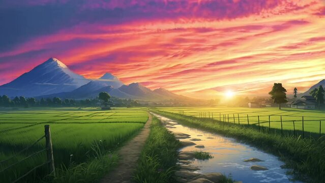 Animation of rice fields with flowing rivers and mountain views. Digital painting or cartoon style animated background. 4k loop animation.