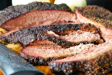 barbecue smoked beef brisket, smoked meats,  close up beef brisket