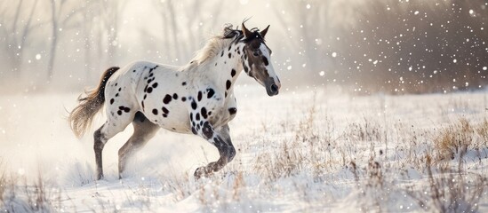 Stunning Winter Scene: Beautiful Appaloosa Horse Running Through Winter Wonderland