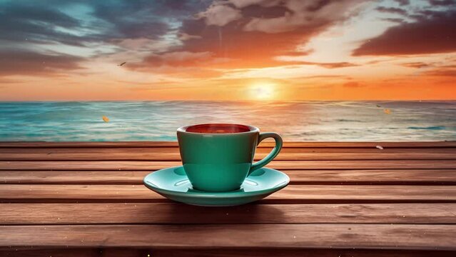 coffee cup on wood table at sunset or sunrise beach. cup of coffee on the beach. seamless looping overlay 4k virtual video animation background 