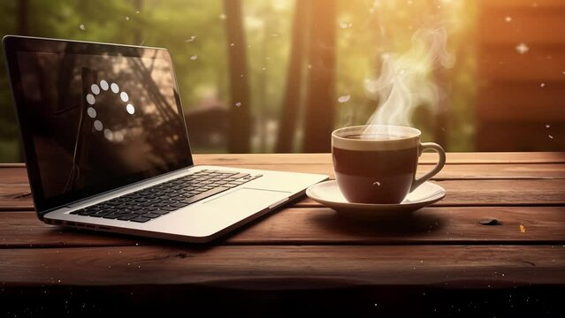cup of coffee and laptop morning coffee table. cup of coffee and laptop. seamless looping overlay 4k virtual video animation background 
