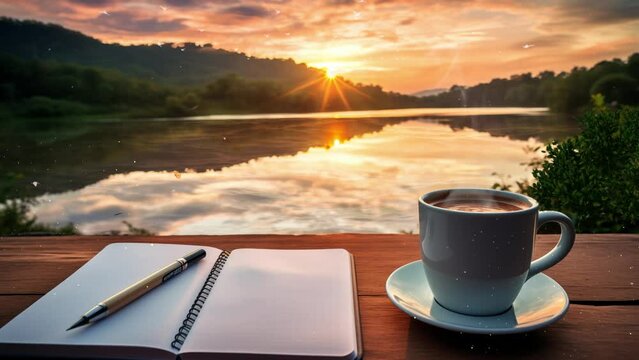 cup of hot coffee with a pen and notebook in sunrise. seamless looping overlay 4k virtual video animation background 